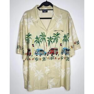 Pacific & Co Hawaiian Aloha Shirt Mens Large Beige Palm Trees Surf Woody Cars